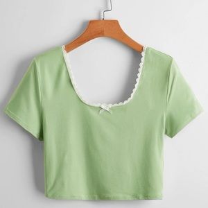 Green Lace Trim Bow Crop Tee